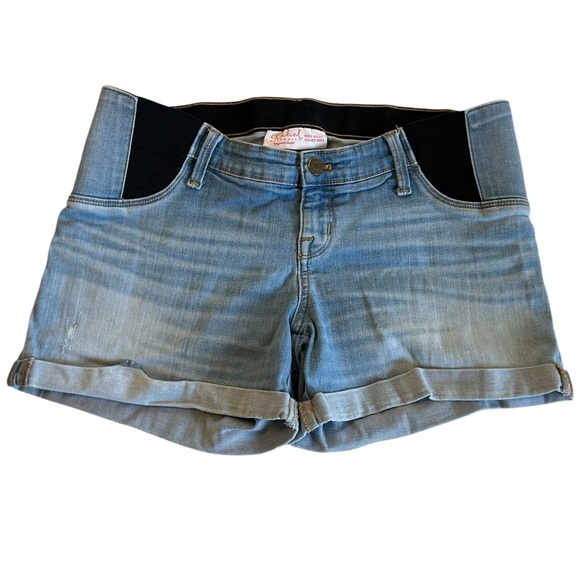 Isabel Maternity Light Blue Under Belly Midi Denim Shorts, Expandable Side Sz 4 - Picture 2 of 8